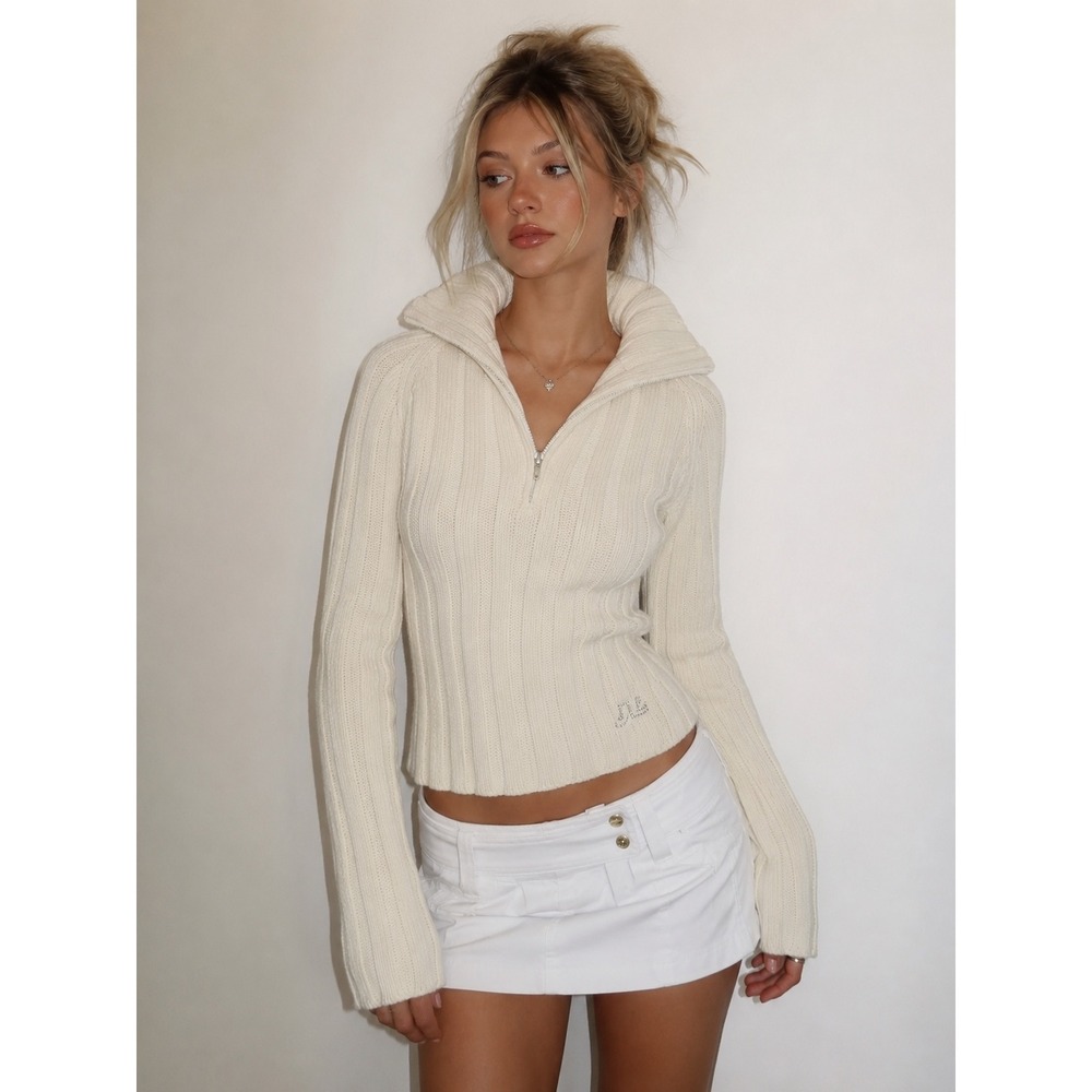 Y2K Archive JLo Chunky Rib Knit Funnel Neck Sweater Cozy Quiet Luxury Cream LG